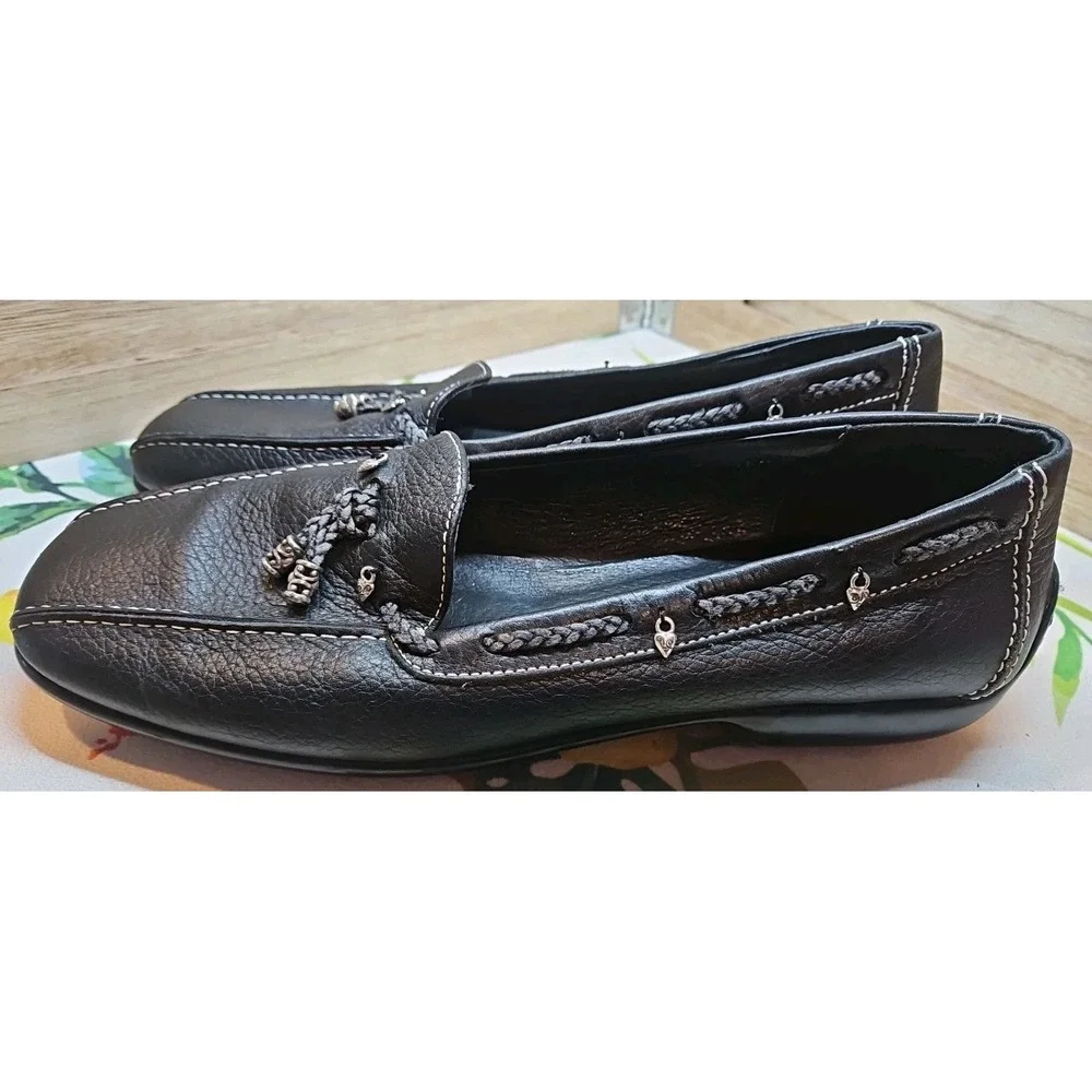 Brighton ULANI 4 Slip On Loafers 7.5 M Black‎ Silver Charms Braided Shoe #482